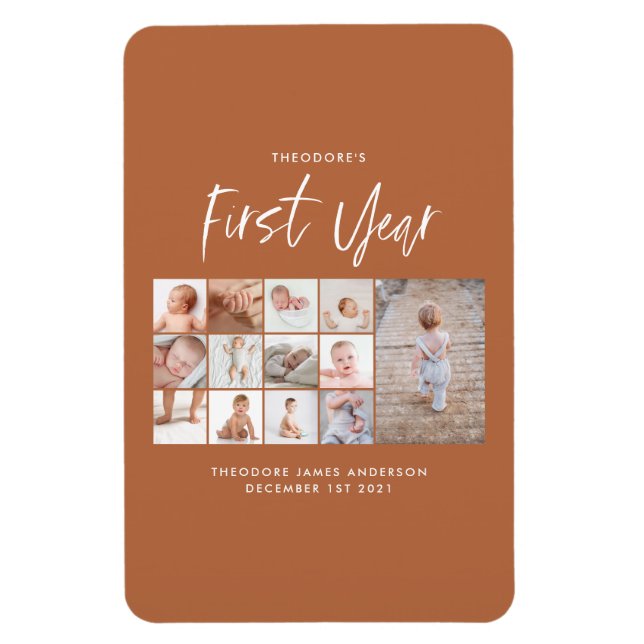 Magnet Flexible Bébés first year photo collage script terracotta (Vertical)