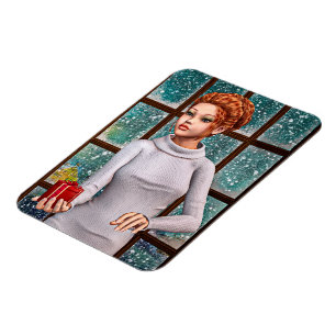 Magnet Flexible Belle Fille Tenant un Cadeau de Noël