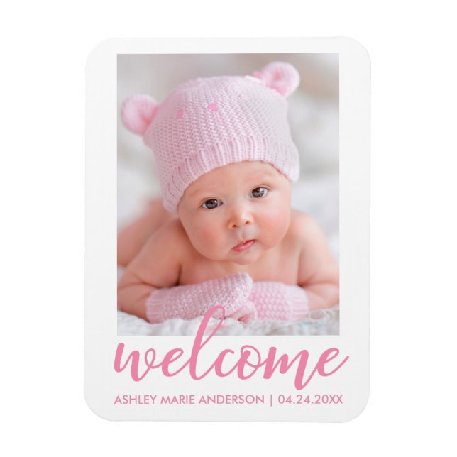 Magnet Flexible Bienvenue Nouveau Bébé Faire-part Pink Script (Vertical)