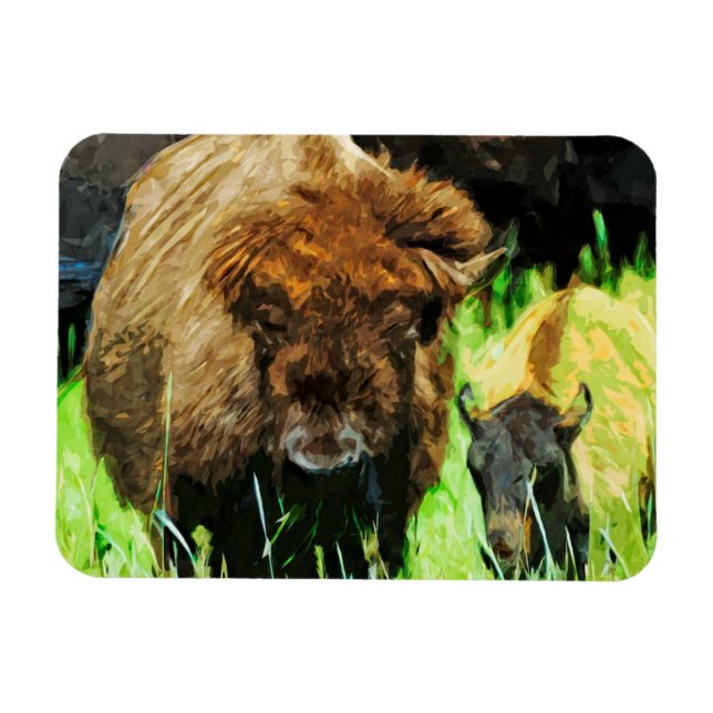 Magnet Flexible Bison Américain Sauvage Avec Veau Abstrait (Horizontal)