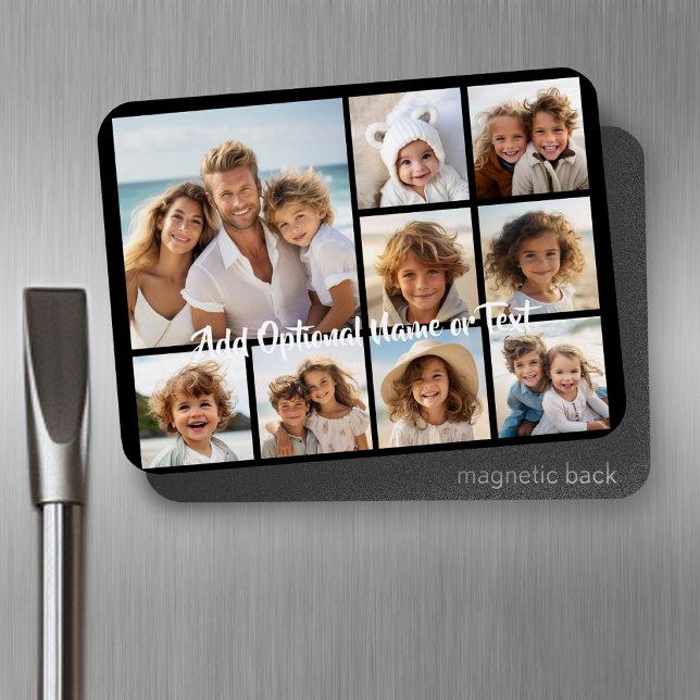 Magnet Flexible Black 9 Photo Carré Collage - avec script blanc (Personalized fridge magnet - add photos and custom text)