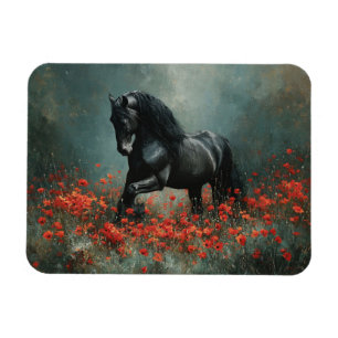 Magnet Flexible Black Friesian Stallion Red Poppies