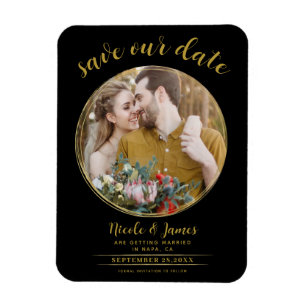 Magnet Flexible Black & Gold Modern Round Photo Enregistrer la dat