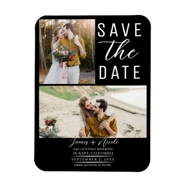 Magnet Flexible Black Modern 2 Photos Enregistrer la date Mariage (Vertical)