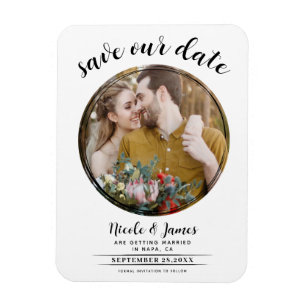 Magnet Flexible Blanc & Noir Moderne Photo Rond Faire-Part de Date
