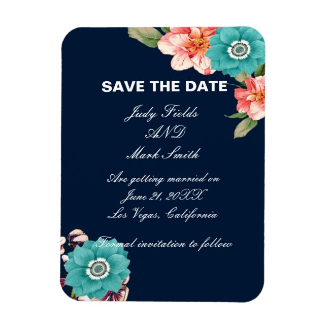 Magnet Flexible Bleu Et Rose Floral Botanique Enregistrer La Date (Vertical)