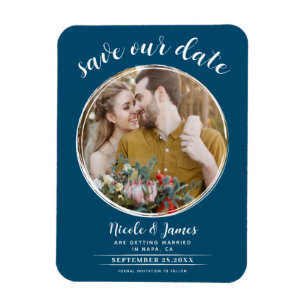 Magnet Flexible Bleu océan blanc moderne rond photo save the date