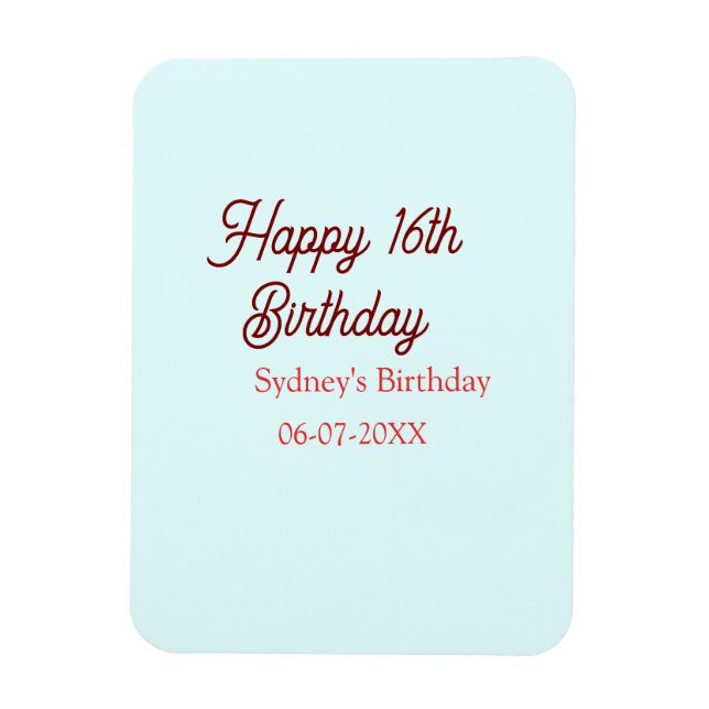 Magnet Flexible Bleu pastel rouge joyeux 16e anniversaire nom date (Vertical)