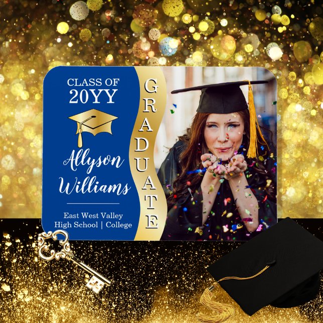 Magnet Flexible Bleu profond | Gold Graduate Wave Grad Casquette p (Deep Blue and Gold Tone "Graduate" Wave | Grad Cap One Photo Graduation Magnetic Announcement )