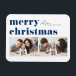 Magnet Flexible Bleu Retro Typographie Joyeux Noël Deux photos<br><div class="desc">Célébrez l'esprit de vacances avec notre aimant photo de Noël personnalisable! Parfait pour capturer vos moments de fête préférés, cet aimant vous permet de créer un souvenir unique qui met en valeur la joie et l’amour de votre famille pendant la période des fêtes. Il présente une typographie rétro et audacieuse....</div>