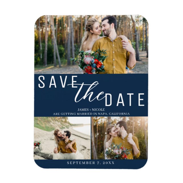 Magnet Flexible Bleu Save the Date Mariage 3 Photos (Vertical)