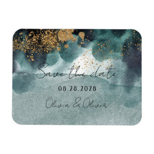 Magnet Flexible Blue Green Gold Paint Agate Wedding Save The Date