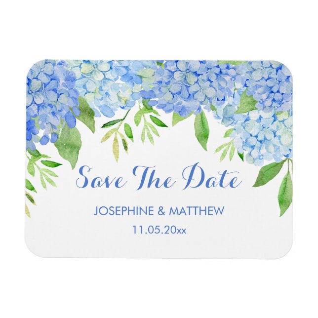 Magnet Flexible Blue Hydrangea Floral Green Enregistrer la date (Horizontal)