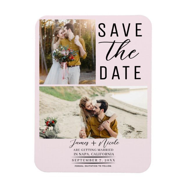 Magnet Flexible Blush Pink Modern 2 Photos Enregistrer la date Mar (Vertical)