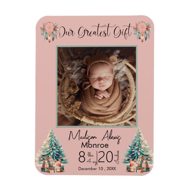 Magnet Flexible Boho Christmas Baby Stats Faire-part de naissance (Vertical)