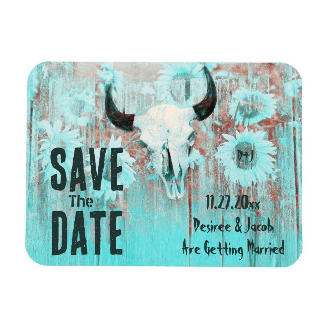 Magnet Flexible Boho rustique Tournesols Turquoises Vache occident (Horizontal)