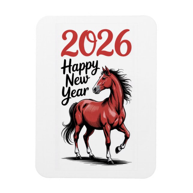 Magnet Flexible Bonne année 2026 Carte Cheval Rouge Illustration (Vertical)