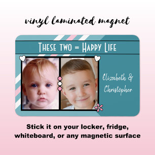 Magnet Flexible Bonne vie ajouter 2 photos et noms rose turquoise