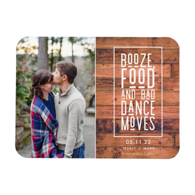 Magnet Flexible Booze, Food, bad Dance Moves Rustic Save the Date (Horizontal)