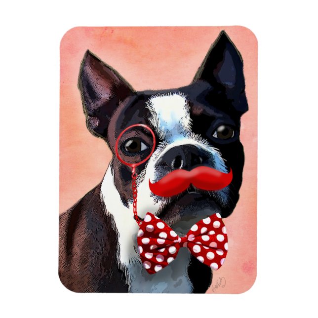 Magnet Flexible Boston Terrier Portrait avec Cravate Red Bow et 2 (Vertical)
