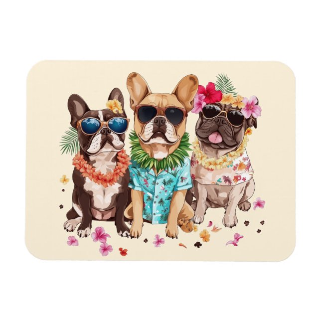 Magnet Flexible Bouledogues français hawaïens collier de fleurs (Horizontal)