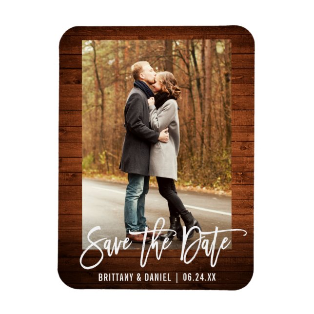 Magnet Flexible Brush Script Rustic Wood Photo Enregistrer La Date (Vertical)