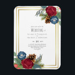 Magnet Flexible BUDGET Mariage d'hiver Bourgogne Turquoise Bleu mo<br><div class="desc">Beau Turquoise bleu turquoise (bleu paon) et bordeaux, Roses couleur vin, feuilles vert sauge, cônes de pin rustique, et un cadre doré sur cet objet de mariage d'hiver qui fait partie d'une collection plus grande qui comprend des invitations à des mariages à budget, à sauver les dates, RSVPs, étiquettes, cadeaux,...</div>