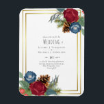 Magnet Flexible BUDGET Mariage d'hiver Bourgogne Turquoise Bleu mo<br><div class="desc">Beau Turquoise bleu turquoise (bleu paon) et bordeaux, Roses couleur vin, feuilles vert sauge, cônes de pin rustique, et un cadre doré sur cet objet de mariage d'hiver qui fait partie d'une collection plus grande qui comprend des invitations à des mariages à budget, à sauver les dates, RSVPs, étiquettes, cadeaux,...</div>