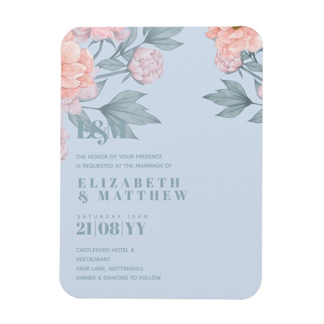 Magnet Flexible Budget Pêcher Floral Dusty Blue Sage Mariage feuil (Vertical)
