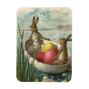 Magnet Flexible Bunnies vintages en Bateau, Aimer les voeux de Pâq