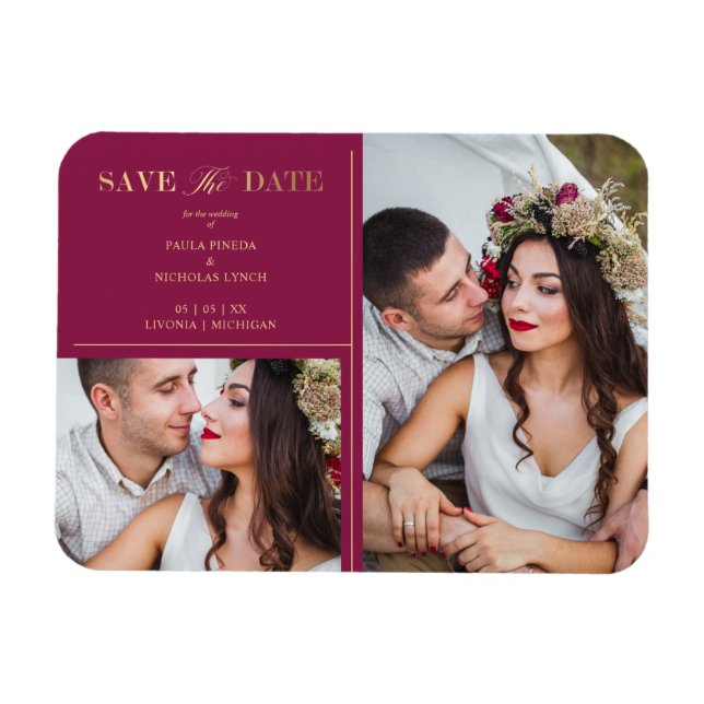 Magnet Flexible Burgundy Golden 2 Photos Minimalist Wedding Date (Horizontal)