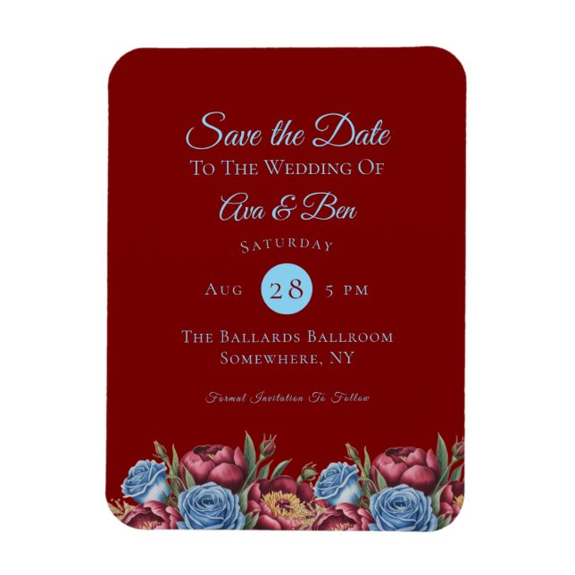 Magnet Flexible Burgundy Peony et Blue Rose Enregistrer la date (Vertical)