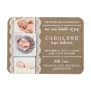 Magnet Flexible Burlap et dentelle rustique   3 Faire-part de nais