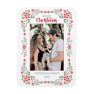 Magnet Flexible Cadre Floral Rouge&Vert Famille Photo Noël