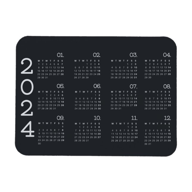 Magnet Flexible Calendrier 2024 Année Pleine Noir Et Blanc Élégant (Horizontal)