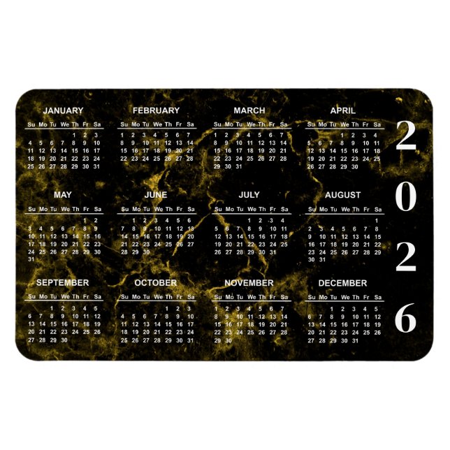 Magnet Flexible Calendrier 2026 en marbre noir et or (Horizontal)