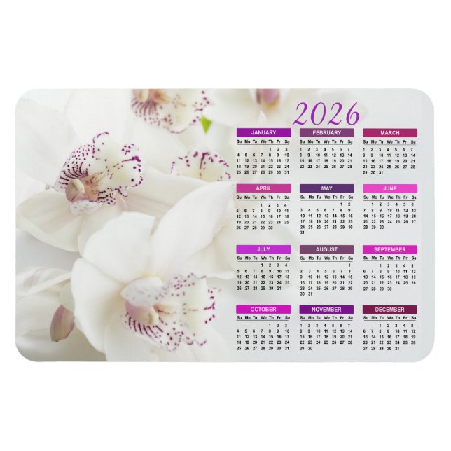 Magnet Flexible Calendrier 2026 Orchidées Blanches et Violettes Él (Horizontal)