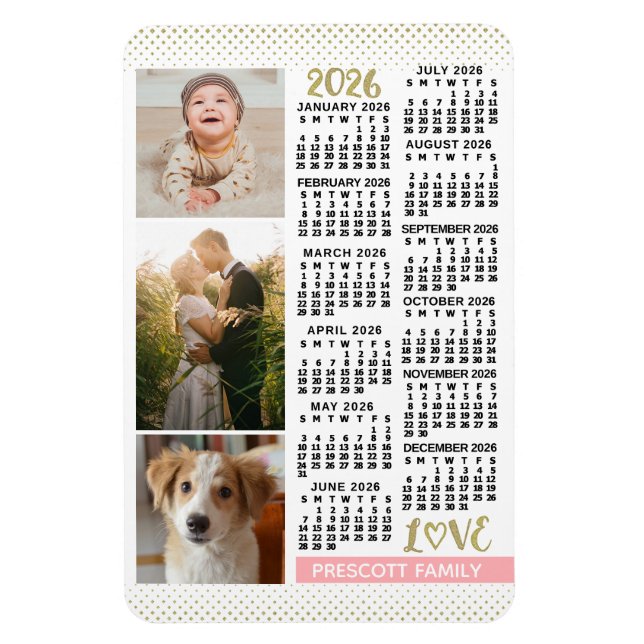 Magnet Flexible Calendrier 2026 Rose Poudré Or Collage de Photos d (Vertical)