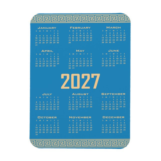 Magnet Flexible Calendrier 2027, Frette Grecque, Beige sur Bleu Co (Vertical)