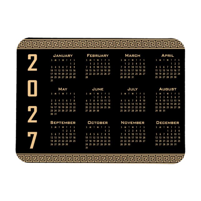 Magnet Flexible Calendrier 2027, Frette Grecque, Beige sur Noir (Horizontal)