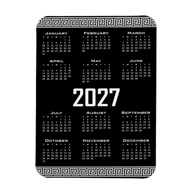 Magnet Flexible Calendrier 2027, Frise grecque, Blanc sur noir (Vertical)