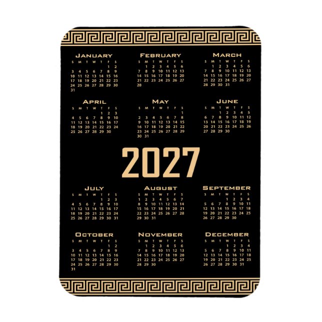 Magnet Flexible Calendrier 2027, Grecque, Beige sur Noir (Vertical)