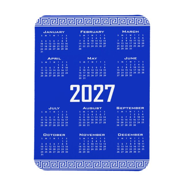 Magnet Flexible Calendrier 2027, Méandre Grec, Blanc sur Bleu Grec (Vertical)