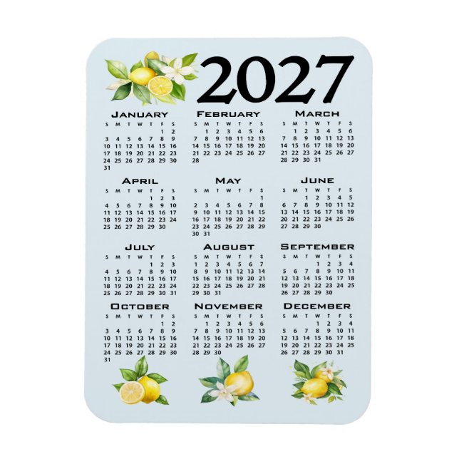 Magnet Flexible Calendrier 2027 style italien Citrons Fond bleu (Vertical)