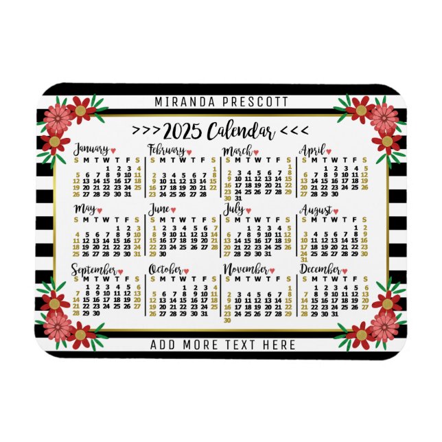 Magnet Flexible Calendrier annuel 2025 Mensuel Rayures Florales |  (Horizontal)