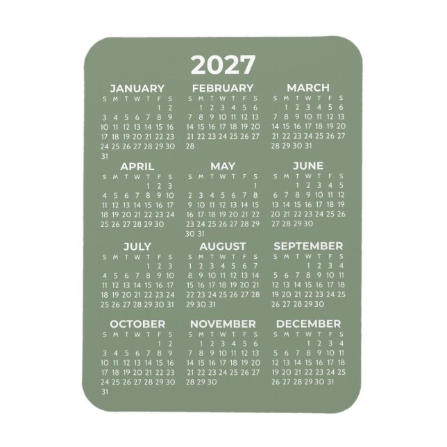Magnet Flexible Calendrier annuel 2027 Basique Mini Vert Sauge (Vertical)