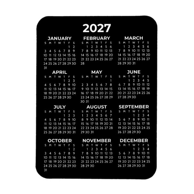 Magnet Flexible Calendrier annuel 2027 Basique Minimal Mini Noir  (Vertical)