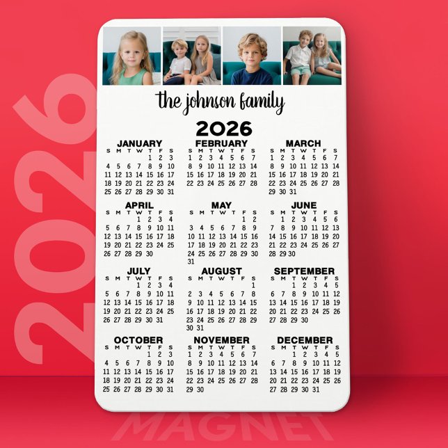Magnet Flexible Calendrier complet avec 4 photos (2026 Calendar Magnet)