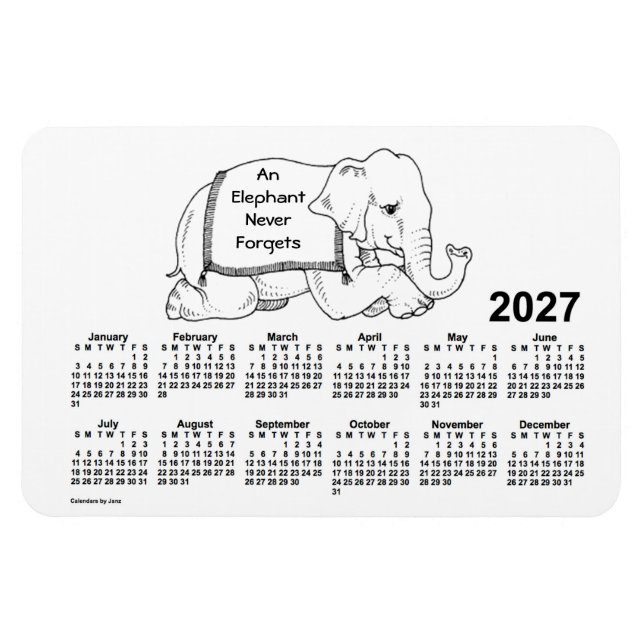 Magnet Flexible Calendrier des éléphants blancs 2027 par Janz 4x6  (Horizontal)