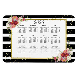Magnet Flexible Calendrier Floral Or Blanc Noir 2026